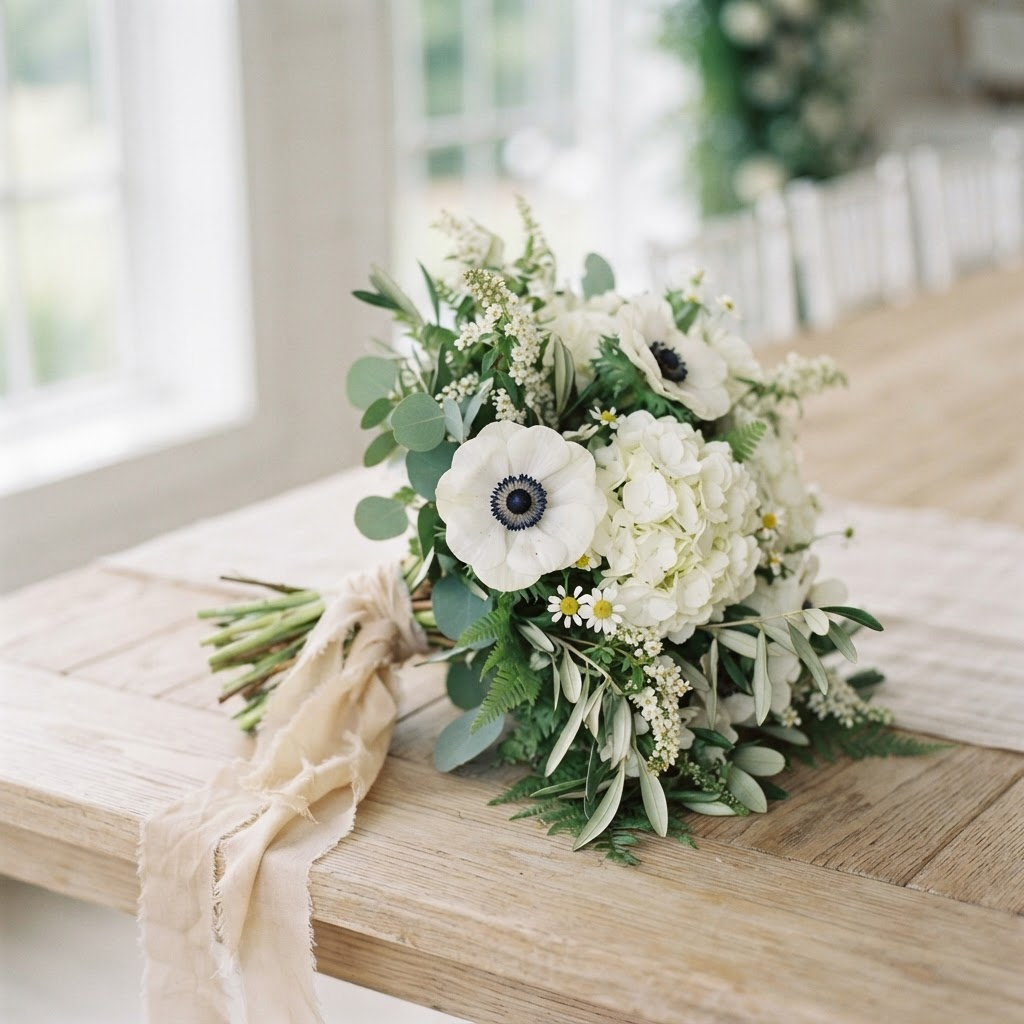 A close-up of a white bridal bouquet on a wooden table
